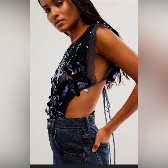 Free People intimately‎ Main Character dark navy blue sequin lace Bodysuit top - Picture 5 of 5